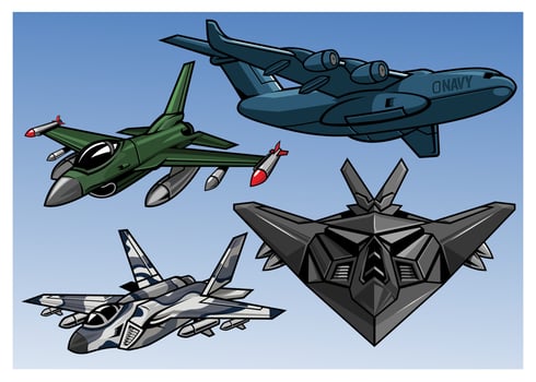 collection of full color modern military aircraft vector