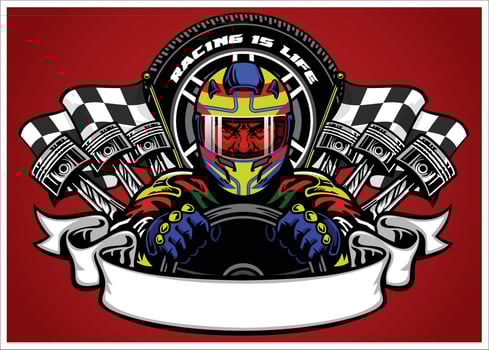 Car racer wearing helmet with ribbon for text space vector