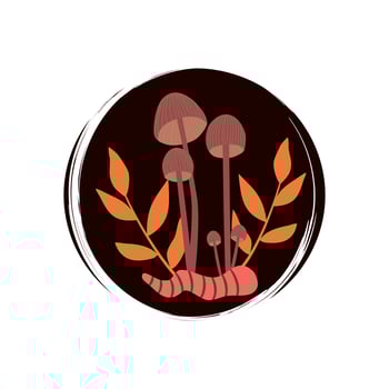 Cute logo or icon vector with brown mushrooms, orange leaves and pink worm, illustration on circle for social media story and highlights