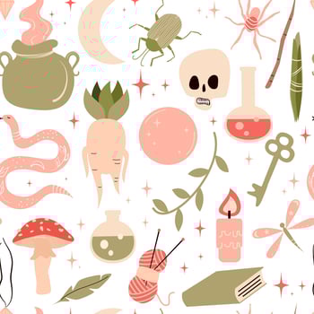 cute cartoon funny halloween decorative seamless vector pattern background illustration with witchcraft symbol elements for holidays season