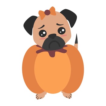 cute cartoon character pug puppy inside pumpkin costume funny holiday season vector illustration isolated on white background