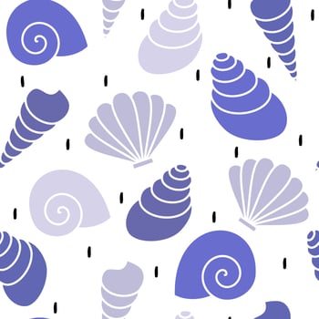 cute hand drawn abstract very peri seamless vector pattern design illustration with seashells and black confetti on white background