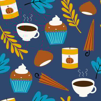 cute lovely autumn seamless vector pattern background illustration with umbrellas, leaves, candles, pumpkin muffins, candles and other cozy fall elements