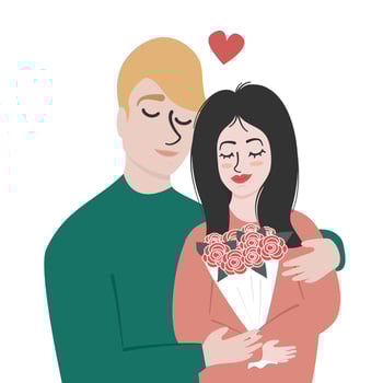 Cute cartoon character hand drawn adorable young couple with heart and flowers concept romantic vector illustration for Valentines day or birthday greeting card