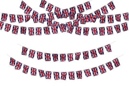 United Kingdom Flag Bunting Decoration on The Rope, Jhandi, Set of Small Flag Celebration, 3D Rendering png