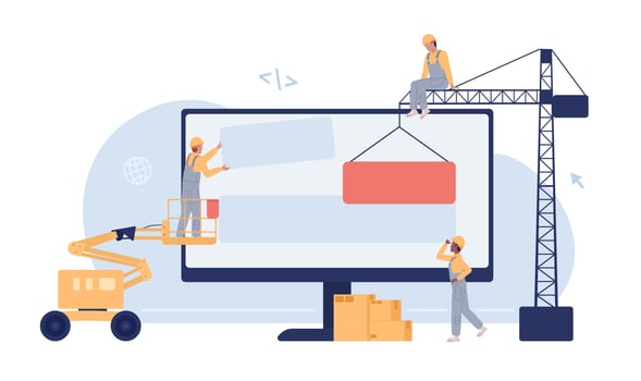 Building website with machines flat concept vector spot illustration. Under maintenance. Editable 2D cartoon characters on white for web design. Construction site creative idea for mobile, app