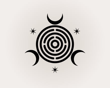 Sacred Geometry, triple Goddess of Witchcraft Spiritual Greco Roman. Witch Wicca Sigil, Mystical labyrinth, triple crescent moon, black logo design vector isolated on white background