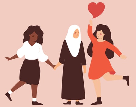 Happy women support each other with love. Three mothers from different ethnicities, religions and cultures stand side by side together. Concept of feminist movement, mother's day and Women's day. vector