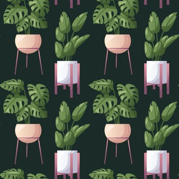 Seamless pattern with monstera houseplants with palm leaves in pot. Indoor house plant. Home garden, greenhouse, florarium, gardening, potted plant lover. Domestic store poster, banner, cover, card. vector