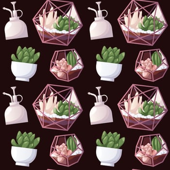 Pattern with florarium with succulents in glasshouse, water sprayer. Indoor potted house plant in flowerpot. Home garden, greenhouse, gardening lover. Domestic store wallpaper, scrapbooking, textile vector