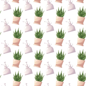 Seamless pattern of cactus succulent houseplant, water sprayer. Indoor potted house plant. Home garden, greenhouse, florarium, gardening lover. Domestic store poster, banner, flyer, promo. vector