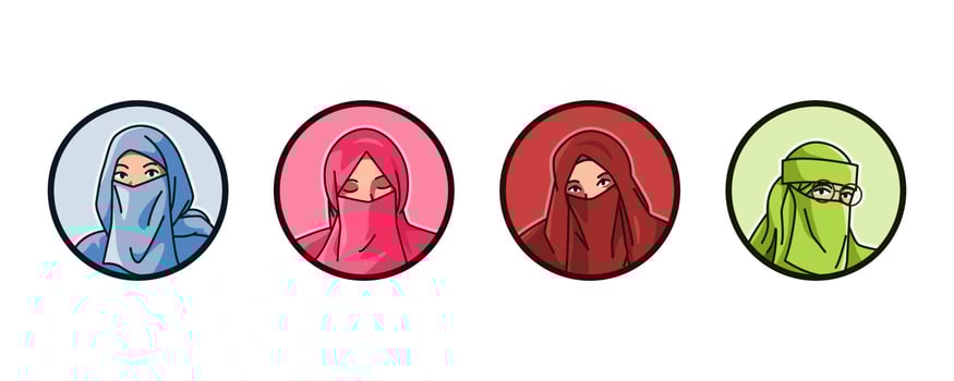 set avatar of a female characters wear Niqab. Islamic veil, headscarf. round, circle icon for social media, user profile, website, app. Line cartoon style. vector illustration.