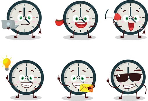 Clock cartoon character with various types of business emoticons vector