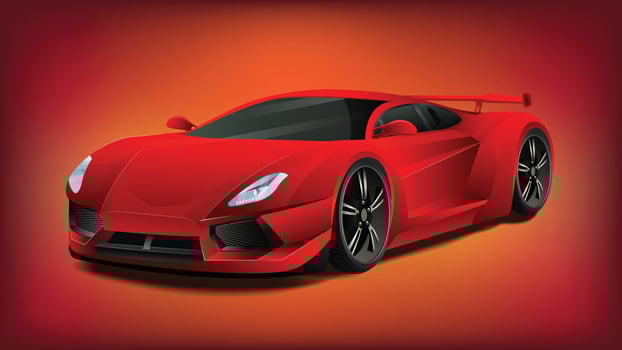 Red vector realistic 3d car isolated on mesh gradient background.