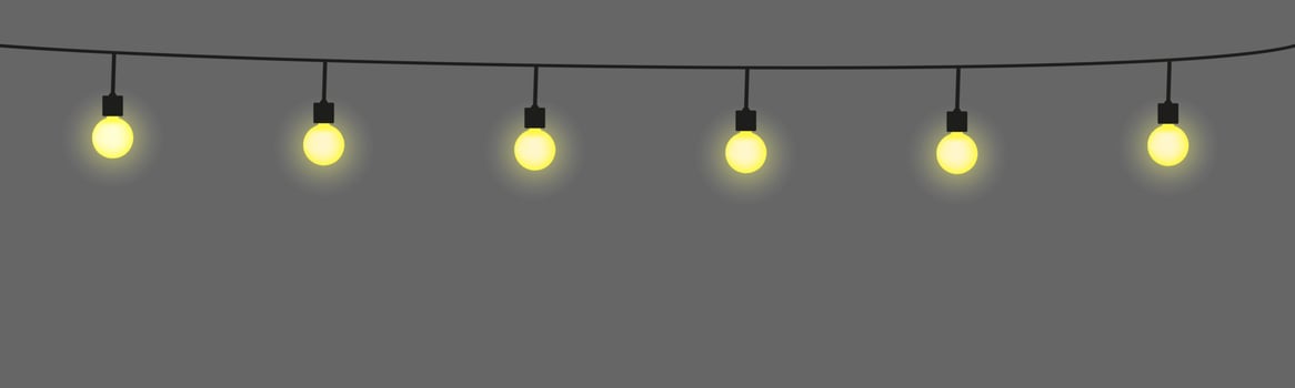Light bulb garland, isolated vector decoration. String of golden Christmas lights. Illuminated holiday border, glowing lamps frame. For wedding or birthday cards, New Year banners, party posters.
