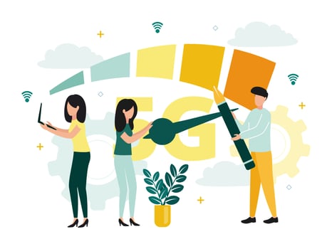 Vector illustration of 5G internet. People near the speedometer, women hold a pointer and a laptop, a man with a pen, against the background of a gear, clouds