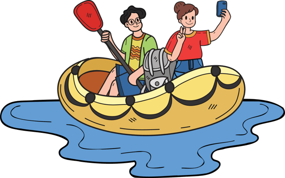 couple taking selfie on boat illustration in doodle style png