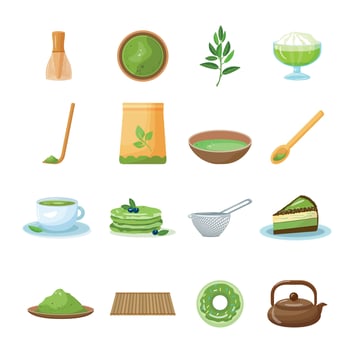 Matcha tea icons set cartoon vector. Tea powder vector