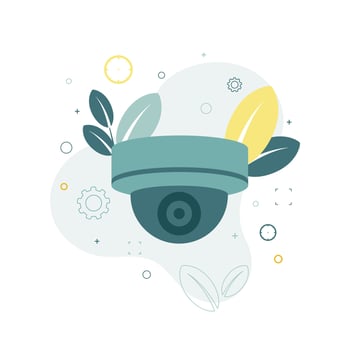 CCTV. Vector illustration of a cctv camera, on the background of leaves, gears.