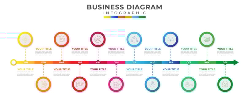 12 Months modern Timeline diagram infographics and icons symbols vector