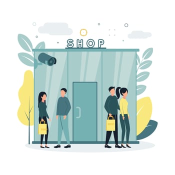CCTV. Vector illustration at the entrance to the store, near which people are being monitored by a video surveillance camera, on the background of trees, plants, clouds