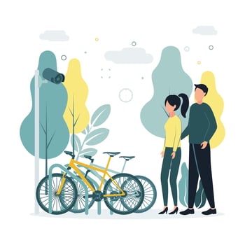 CCTV. Vector illustration A man and a woman stand near a bicycle parking with bicycles, a surveillance camera is being shot, on the background are trees, bushes, clouds.