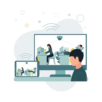 CCTV. Vector illustration a surveillance camera takes pictures as a man in the office at the workplace leaned back in his chair, put his legs on the table and speaks on the phone.