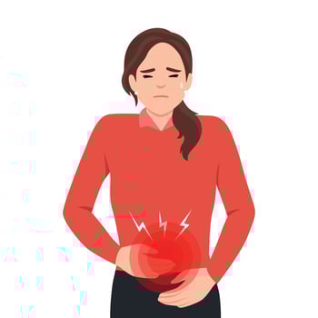 Diarrhea or constipation, problems with health concept. Young sad Woman standing feeling pain in stomach touching it with hands having Abdomen disease and illness vector