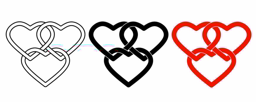 outline silhouette three heart linked icon set isolated on white background vector
