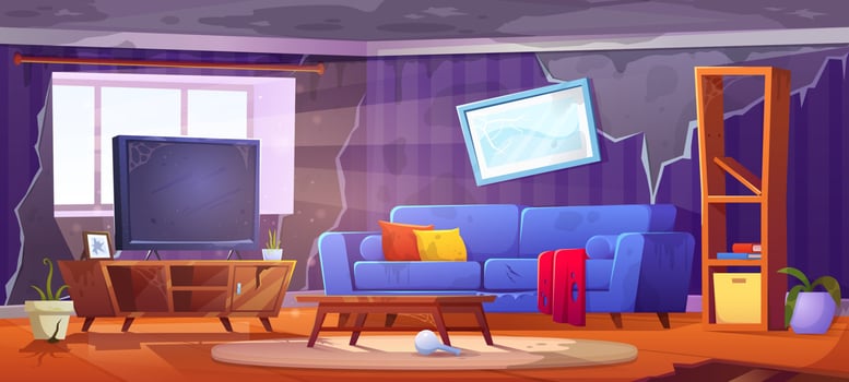 Abandoned messy living room interior, dirty sofa vector