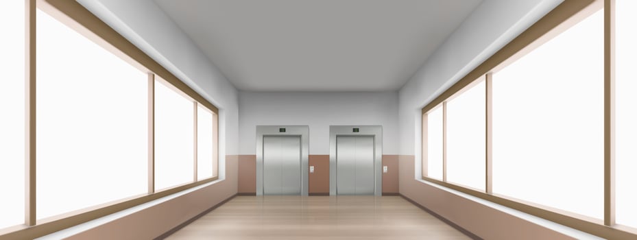 Realistic hallway with large windows, elevators vector