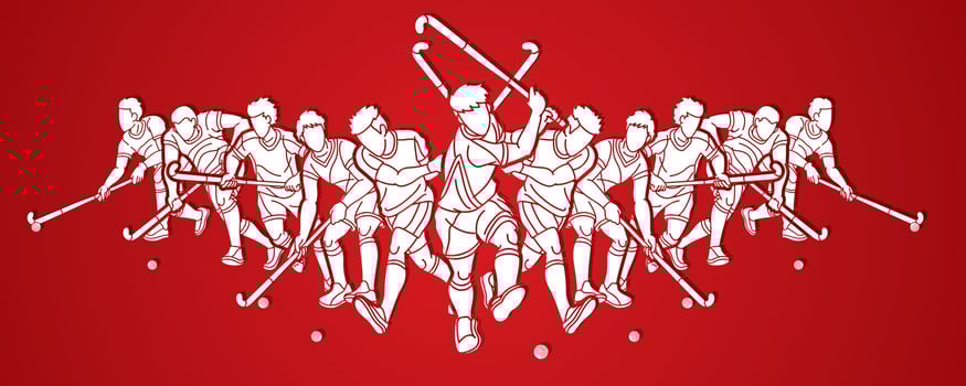 Group of Field Hockey Sport Team Male Players Mix Action vector