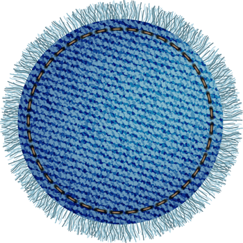 Blue denim patch with stitch and fringe. Light blue denim. Circle patch png