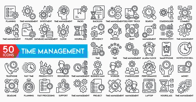 time management concept vector illustration with icons Timer, Alarm and Smartwatch. Time management, 24 hour clock, deadline alarm icons. Sand hourglass, calendar and digital smartwatch, timer stopwat