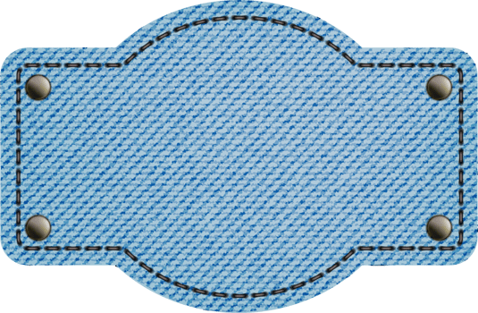 Blue denim patches with stitch, rivets and fringe. Light blue denim. Vintage patches png
