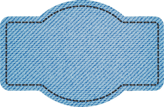 Blue denim patches with stitch, rivets and fringe. Light blue denim. Vintage patches png