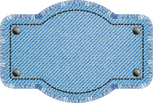 Blue denim patch with stitch, rivets and fringe. Light blue denim. Vintage patch png