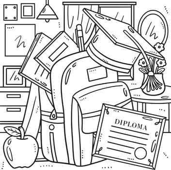 Graduation Cap with a School Bag Coloring Page vector