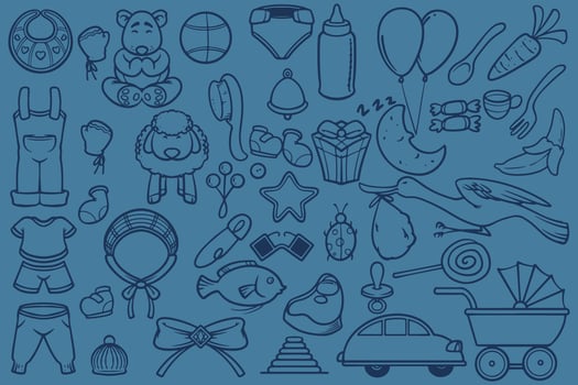 Set of doodle new baby born drawing isolated on blue background. vector