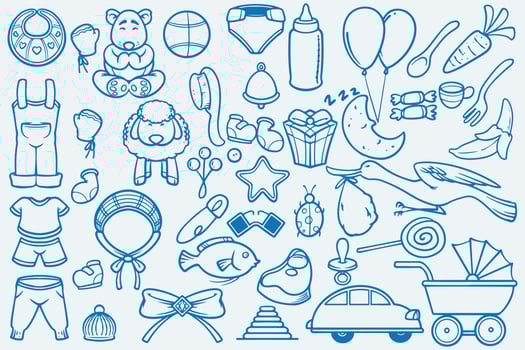 Set of blue doodle element new baby born drawing on white background. vector