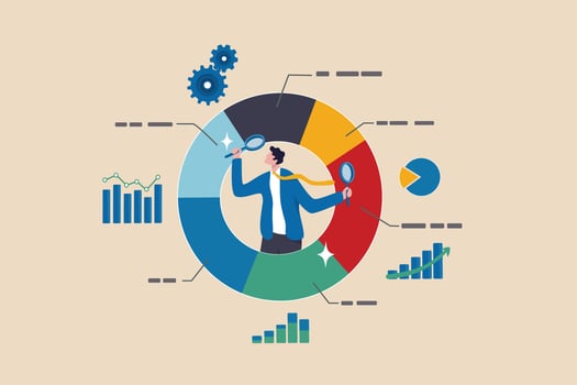 Analyze data, financial research analytics, data analysis, chart and graph or diagram, database report or predictive visualization concept, businessman with magnifying glass analyzing pie chart data. vector