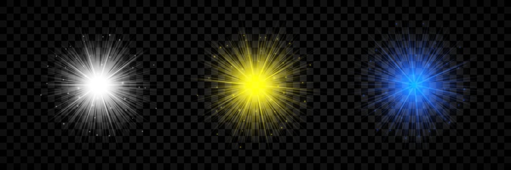 Light effect of lens flares. Set of three white, yellow and blue glowing lights starburst effects with sparkles vector