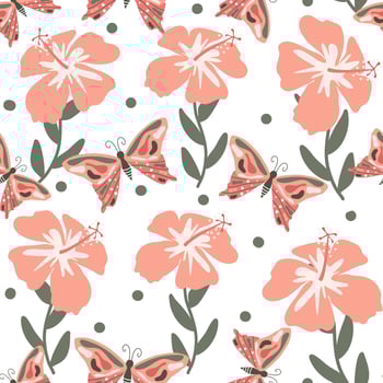 cute hand drawn abstract seamless vector pattern background illustration with pink hibiscus flowers, butterflies and dots