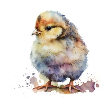 Cute little chick in cracked egg vector graphic illustration. Easter themed, yellow chicken watercolor cartoon with cracked eggshell, isolated on white background.