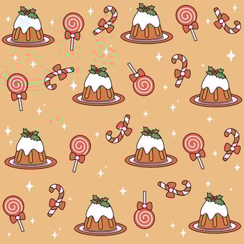 Cute christmas vector pattern background illustration with christmas pudding, candy cane, lollipops and stars