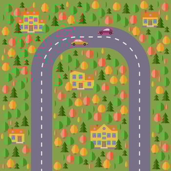 Plan of village. Landscape with the road, forest, two cars and houses. Vector illustration