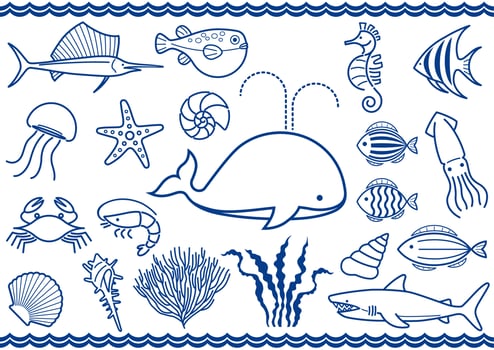 Vector Marine Life Icon Set Isolated On A White Background.