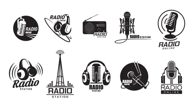 Online radio icons, music radio station podcast vector