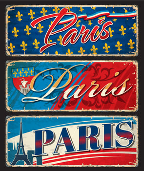 Paris travel stickers, plates, France luggage tags vector