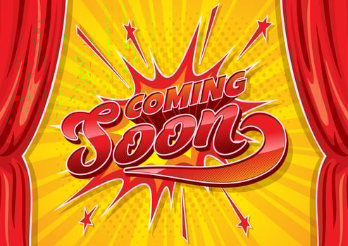 Coming soon cartoon banner with stage red curtains vector